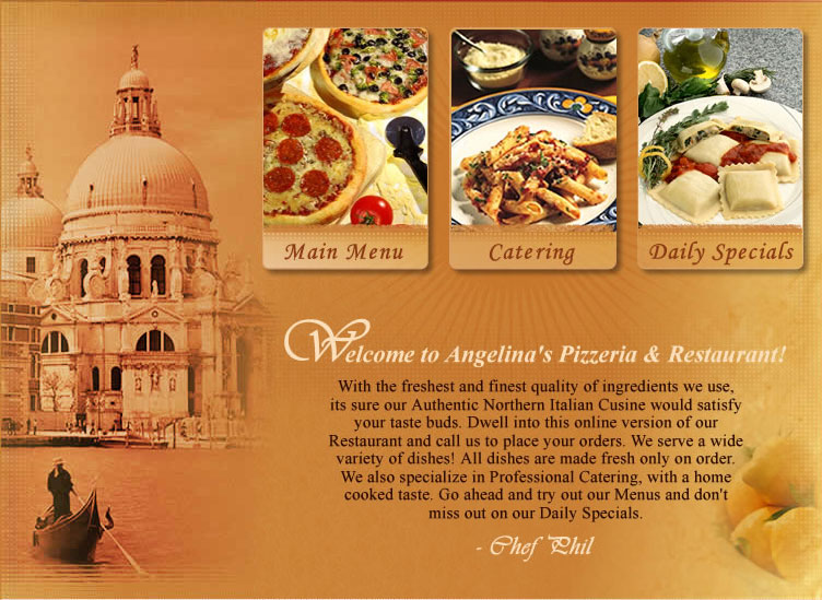 Angelina’s Pizzeria and Restaurant homepage featuring authentic Northern Italian cuisine, pizza, pasta, catering services, daily specials, and traditional Italian dining in Hackensack, New Jersey.